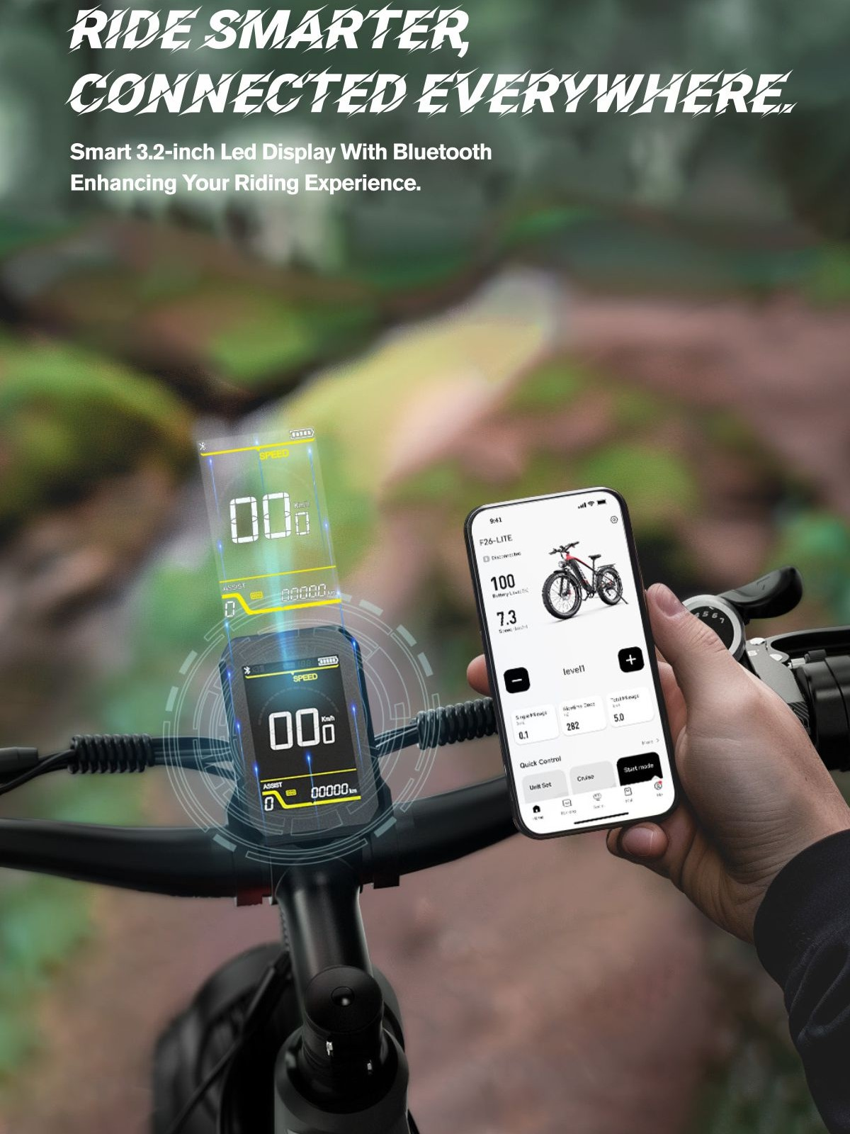 Primer plano de un manillar de bicicleta con pantalla y aplicación de smartphone.