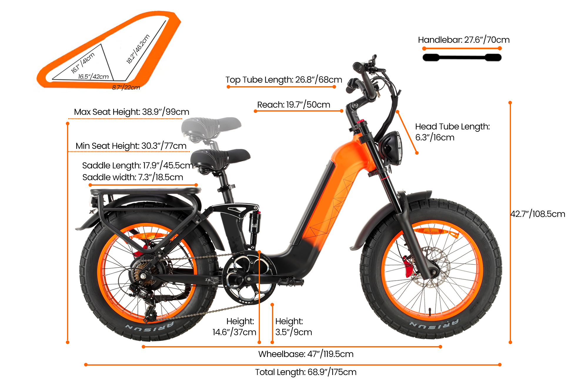 Ein orange-schwarzes E-Bike mit Maßangaben für seine Teile und Abmessungen.