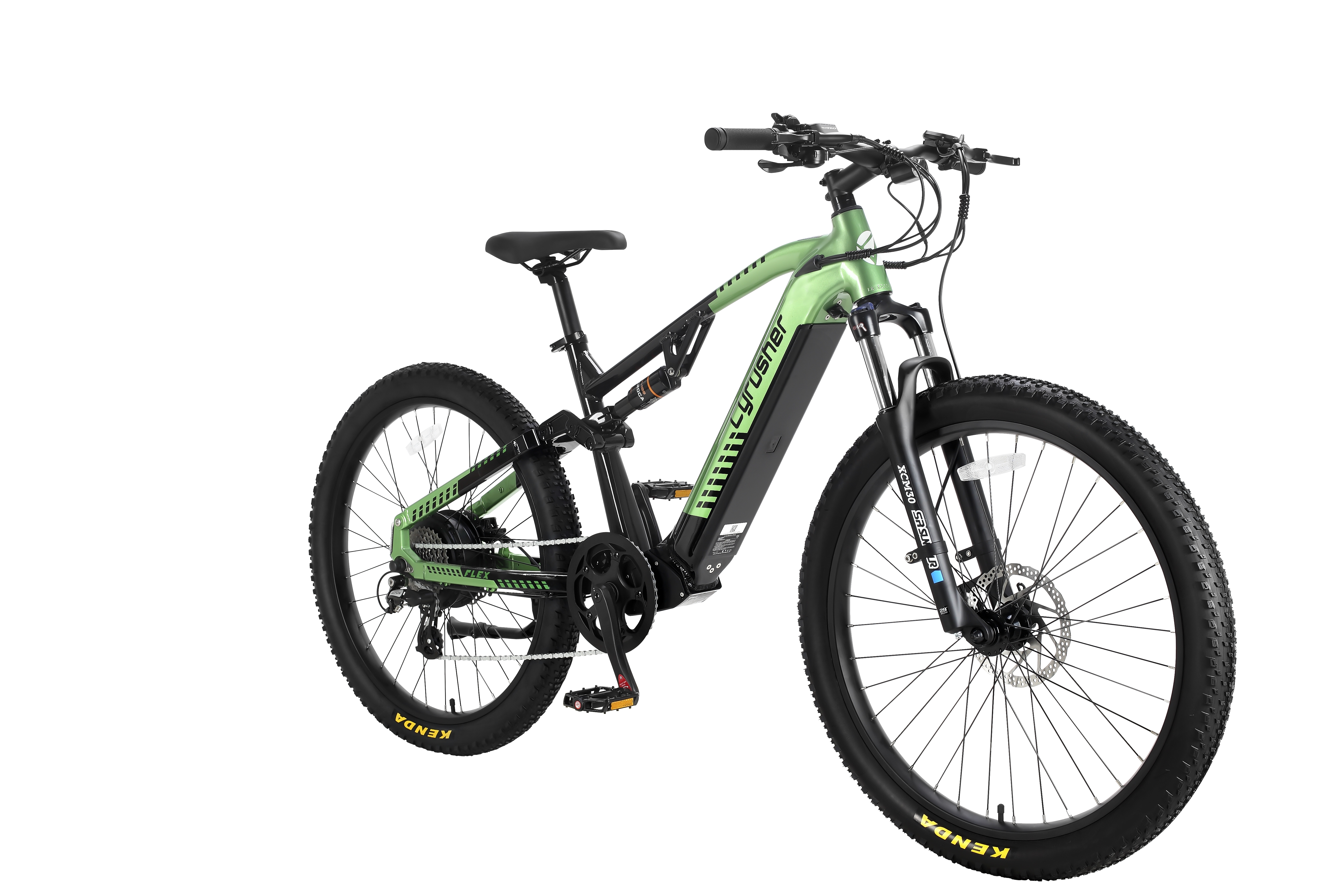 Ein hellgrünes und schwarzes E-Mountainbike mit dicken Reifen und Federung.