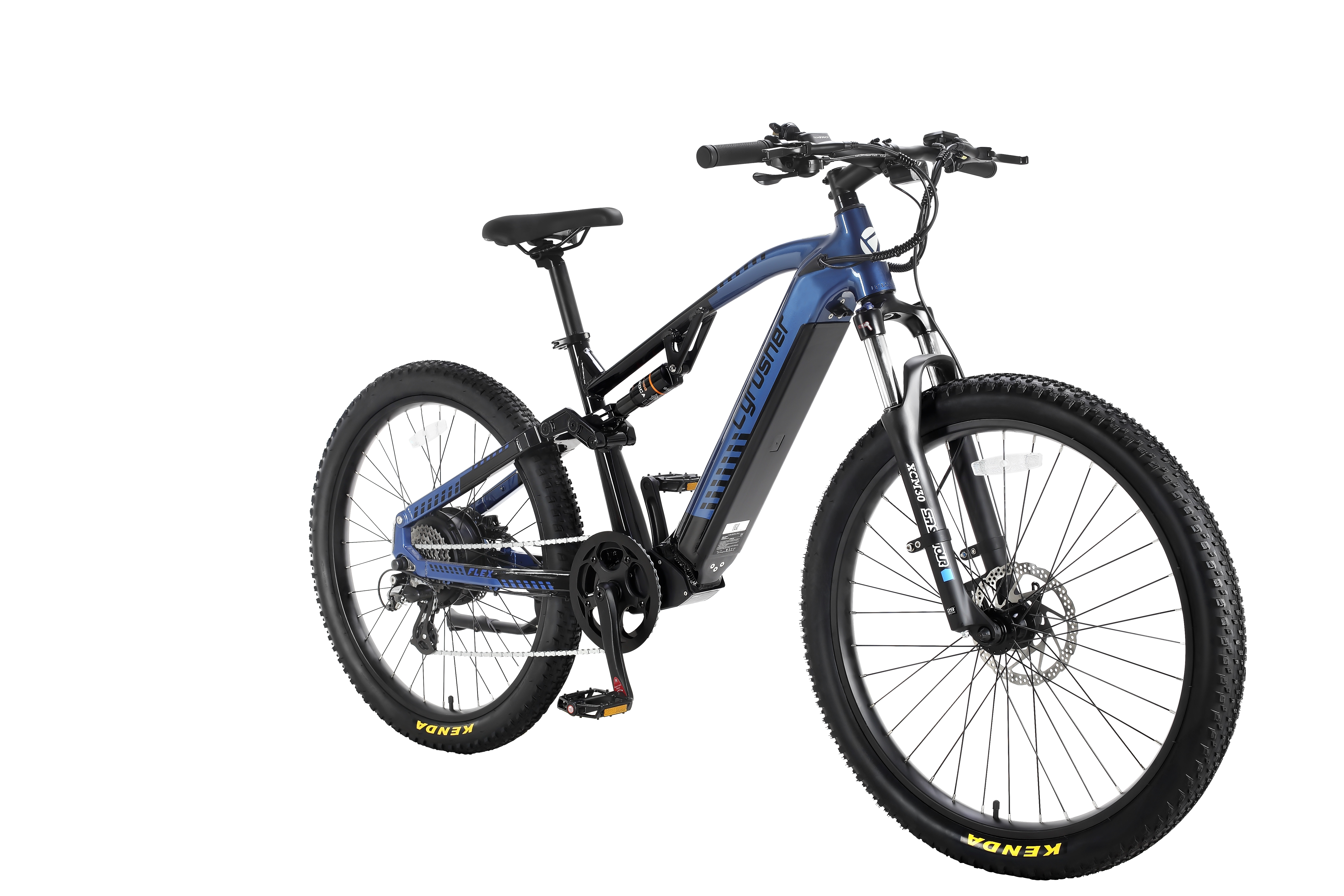Ein blaues E-Bike mit schwarzen Akzenten und Stoßdämpfern.