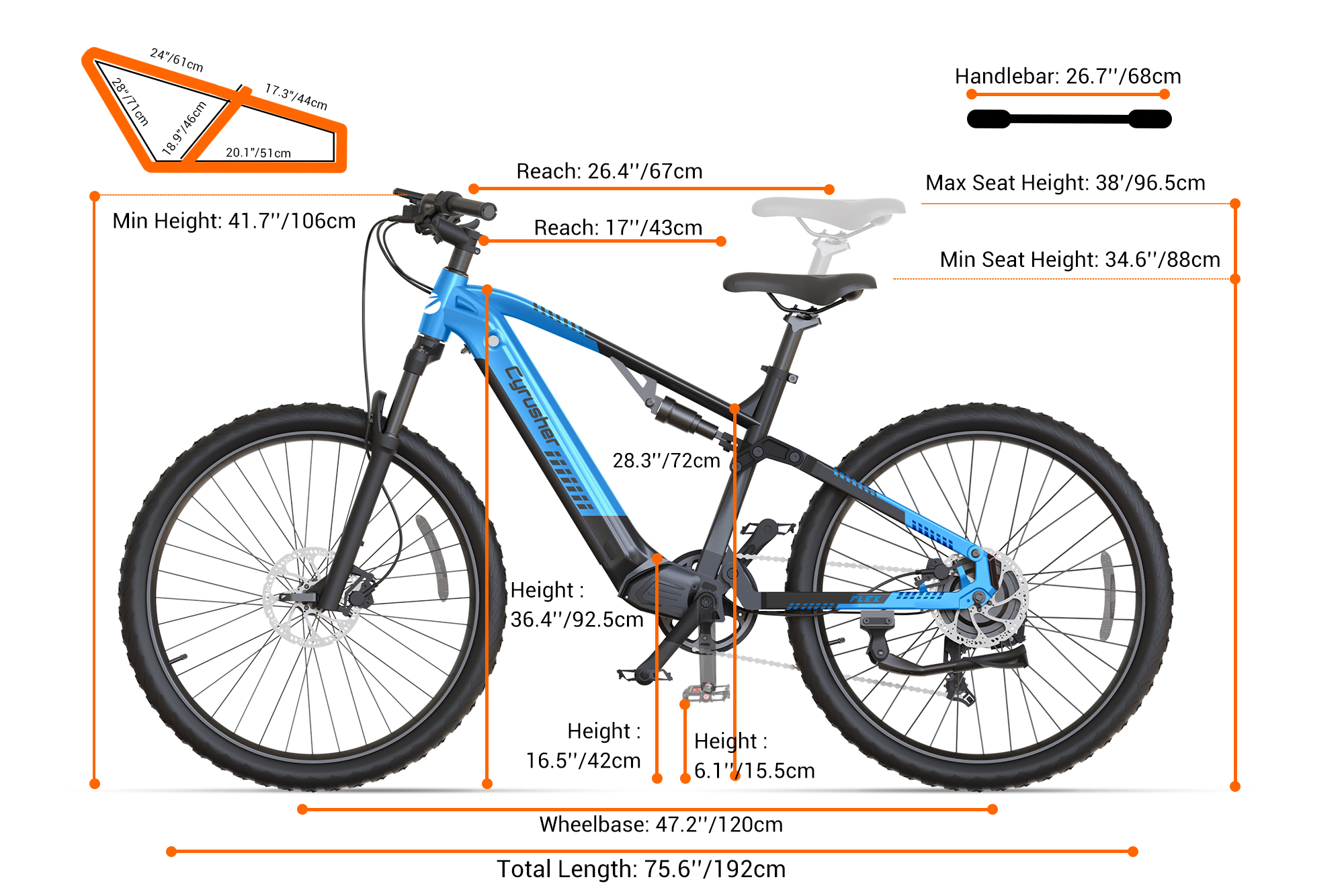 Blaues Fahrrad mit Maßen für Lenker, Sitzhöhe, Reichweite, Radstand und Gesamtlänge.