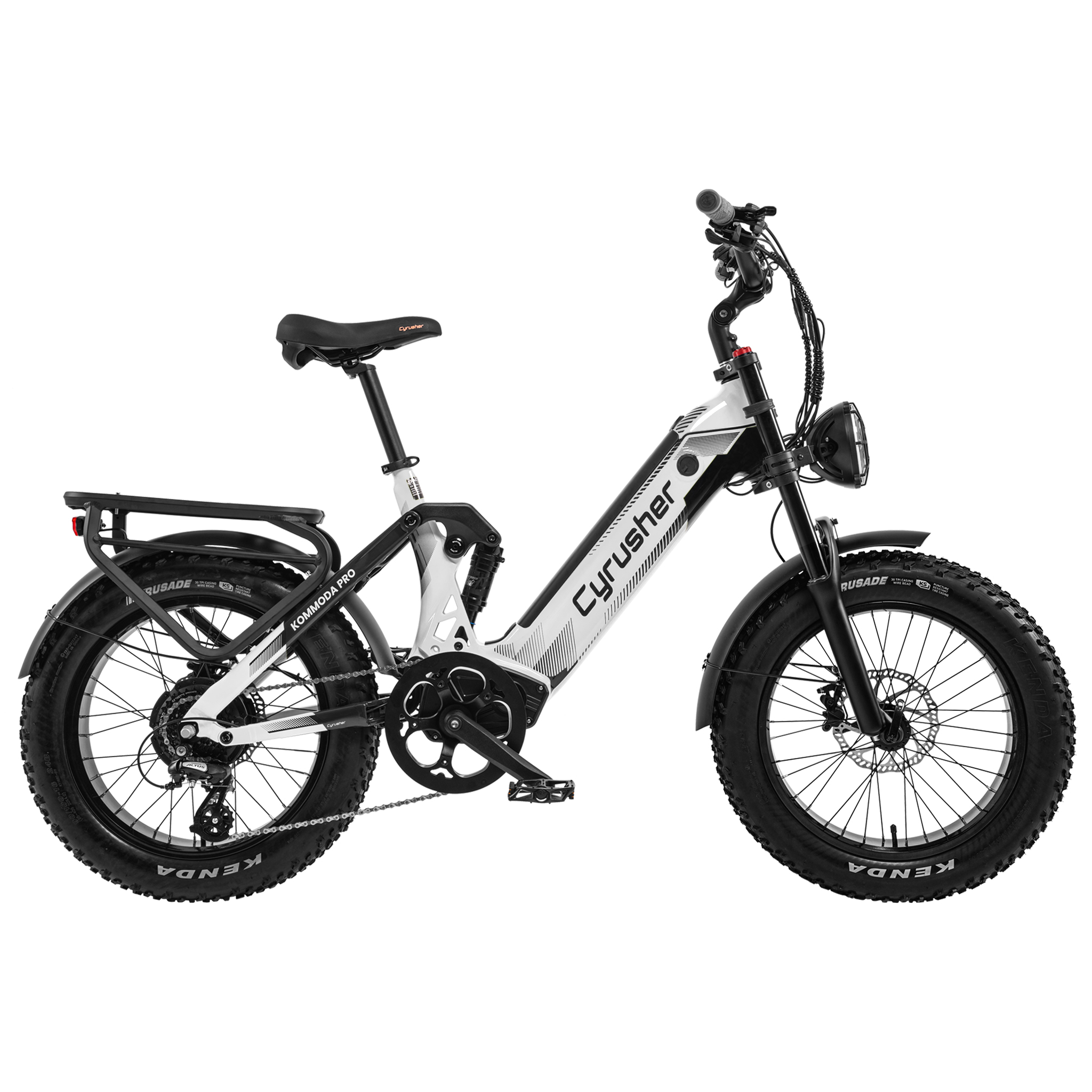 Ein weißes und schwarzes E-Bike mit breiten Reifen, Federung und Gepäckträger.