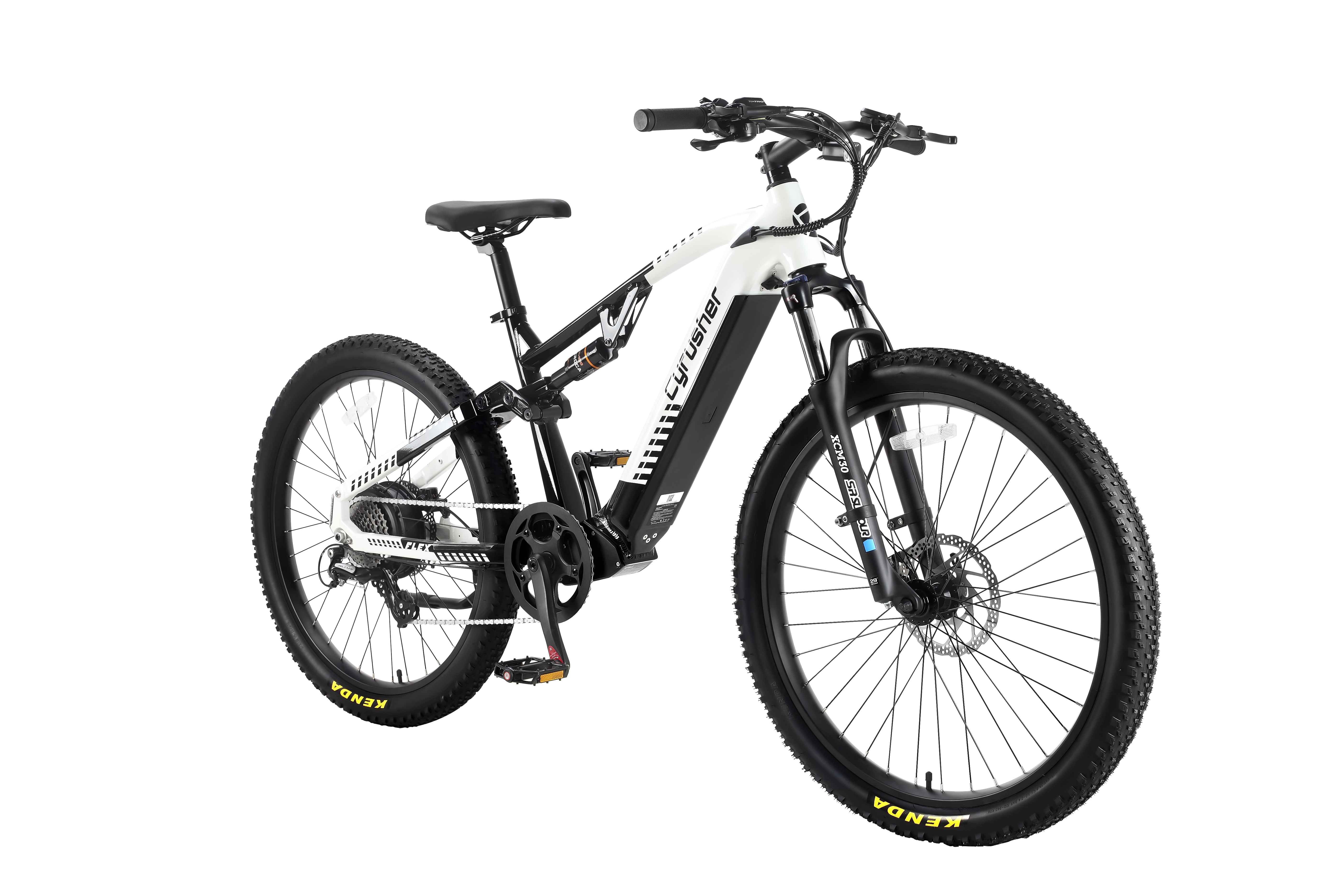 Ein weißes und schwarzes Mountainbike mit Vollfederung und dicken Reifen.