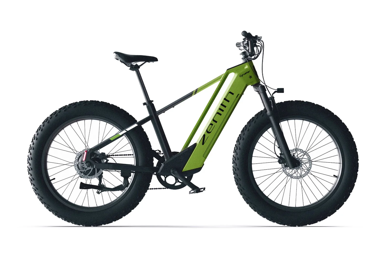 Ein grünes E-Fatbike mit breiten Reifen und schwarzem Rahmen steht vor weißem Hintergrund.