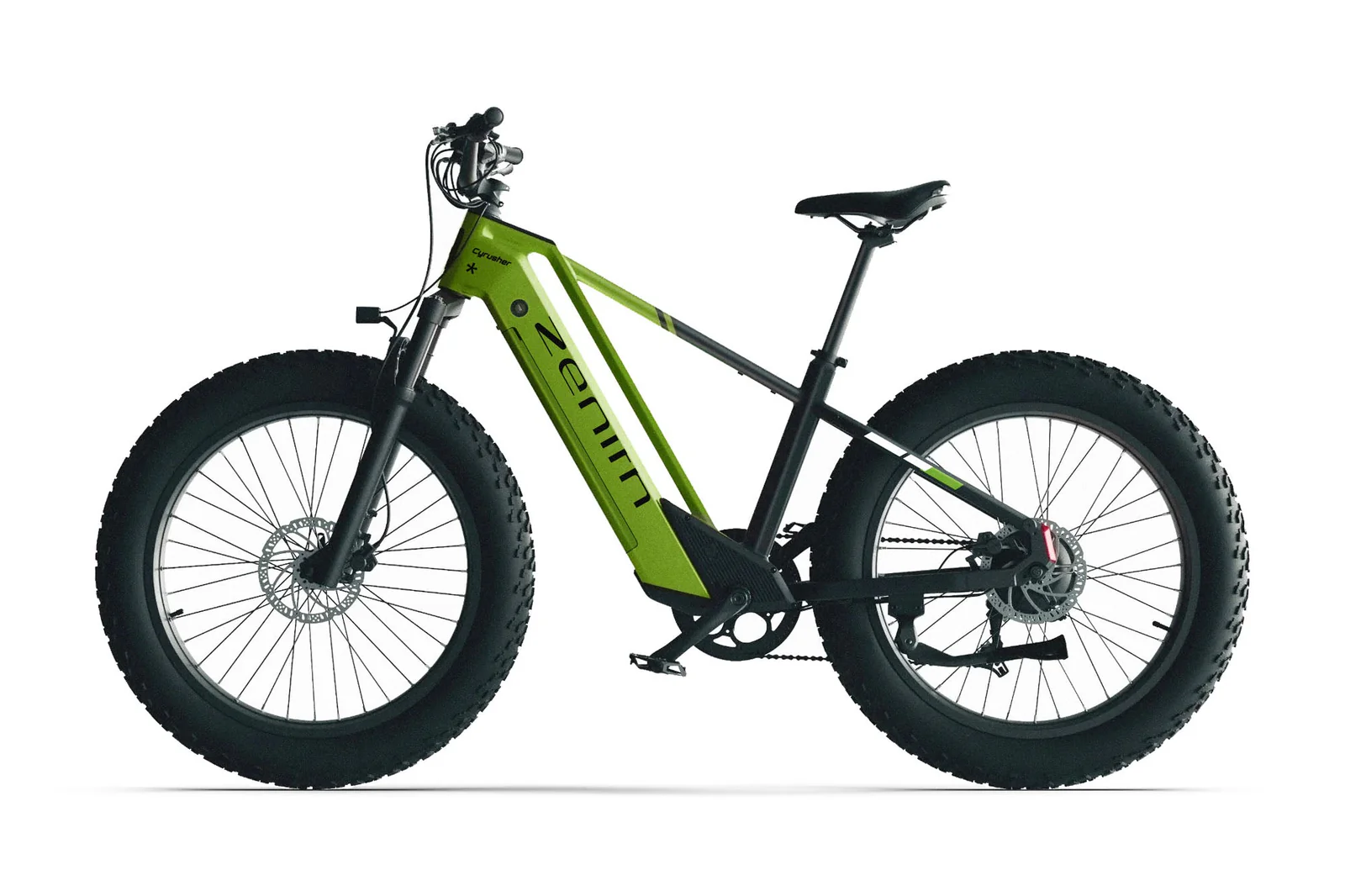 Ein grünes und schwarzes Fat-Tire-Elektrofahrrad mit breiten Reifen, Scheibenbremsen und weißem Hintergrund.