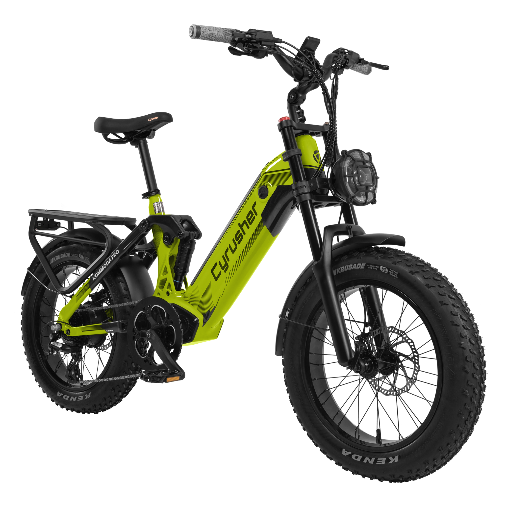Ein leuchtend grünes E-Bike mit fetten Reifen und schwarzem Gepäckträger steht vor schwarzem Hintergrund.