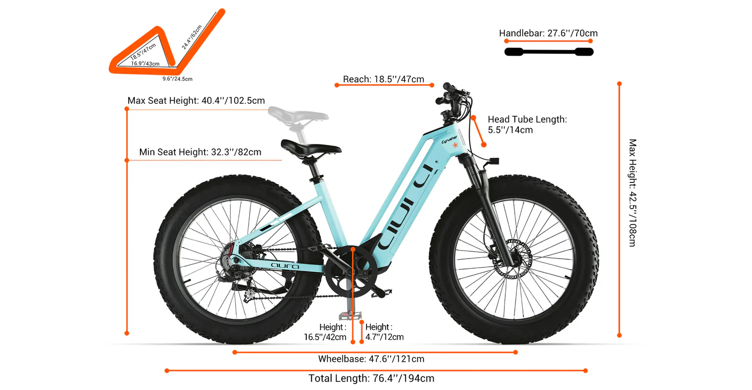 Ein hellblaues E-Bike mit fetten Reifen, das mit Maßen von Länge, Höhe und Reichweite angezeigt wird.