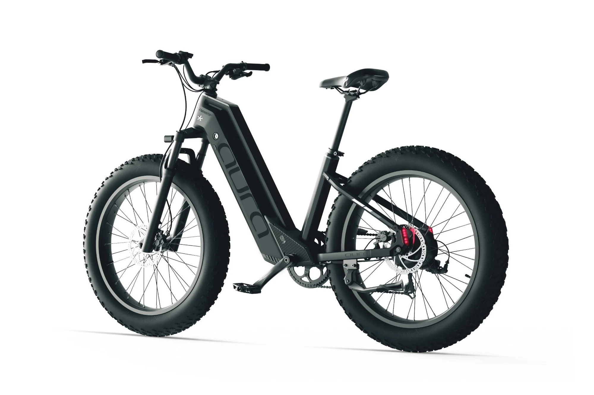 Ein schwarzes E-Fatbike mit dicken Reifen und weißem Hintergrund.