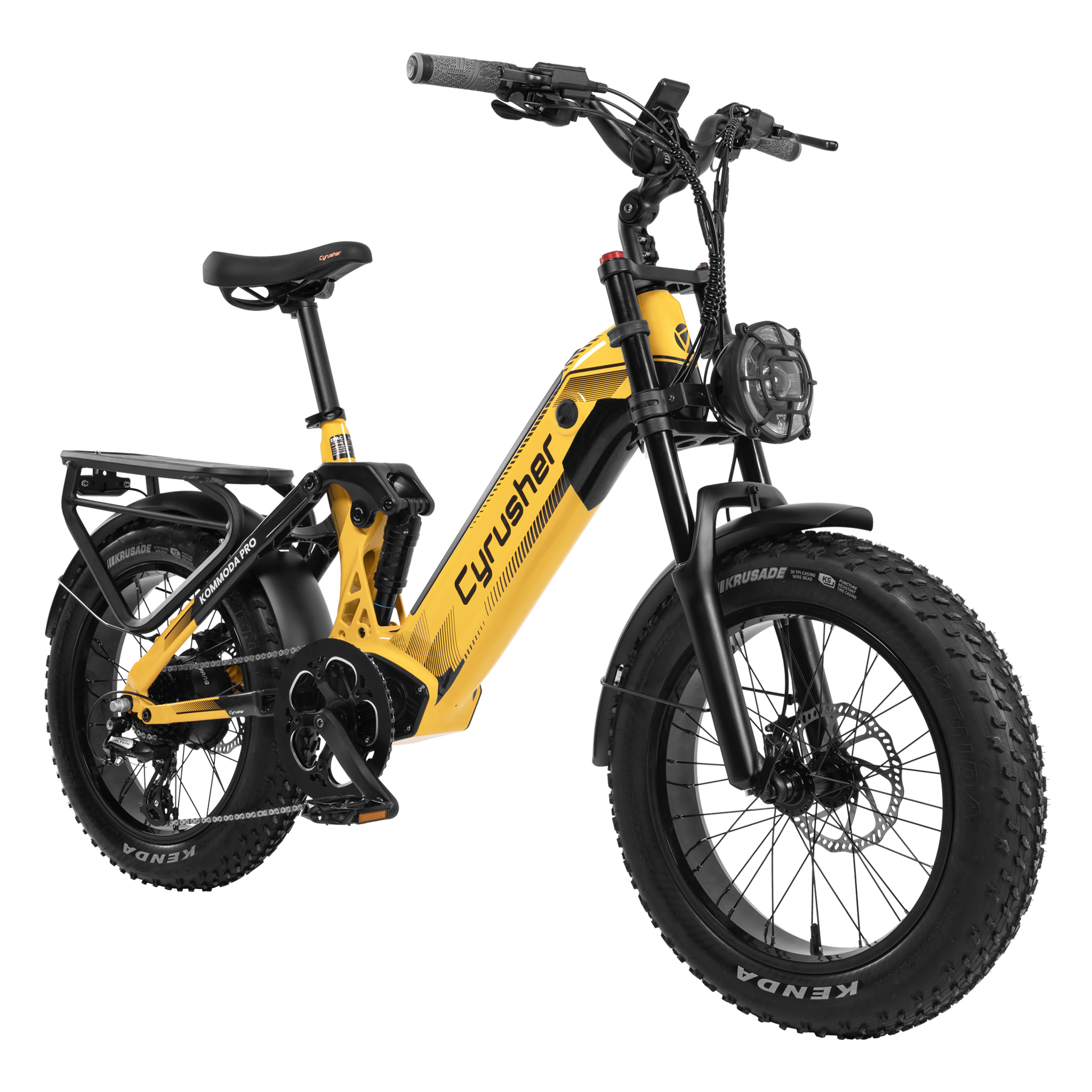 Ein gelbes E-Bike mit dicken Reifen, Federung und Gepäckträger.