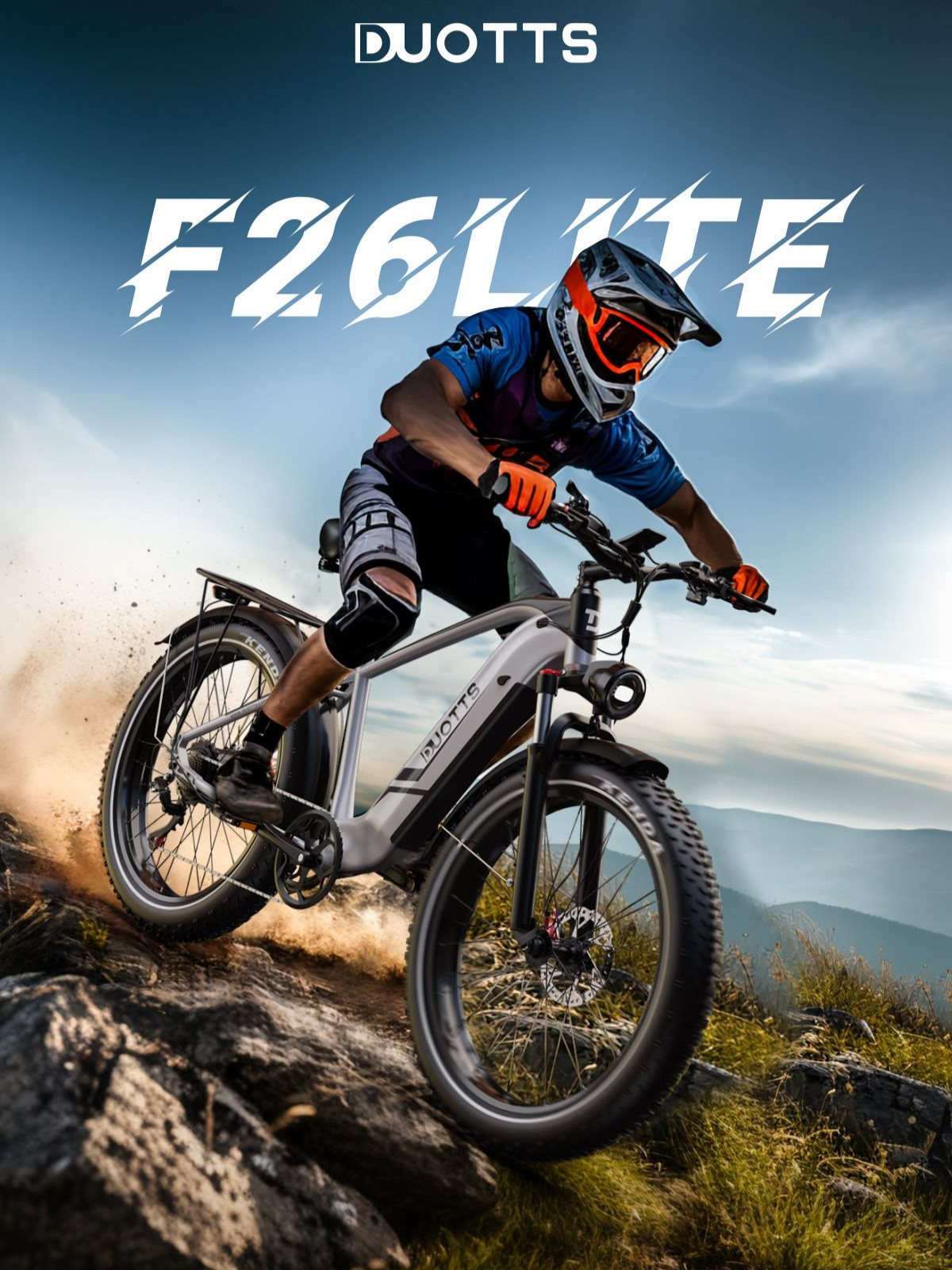 Un hombre monta una bicicleta de montaña en terreno rocoso con cielo azul.