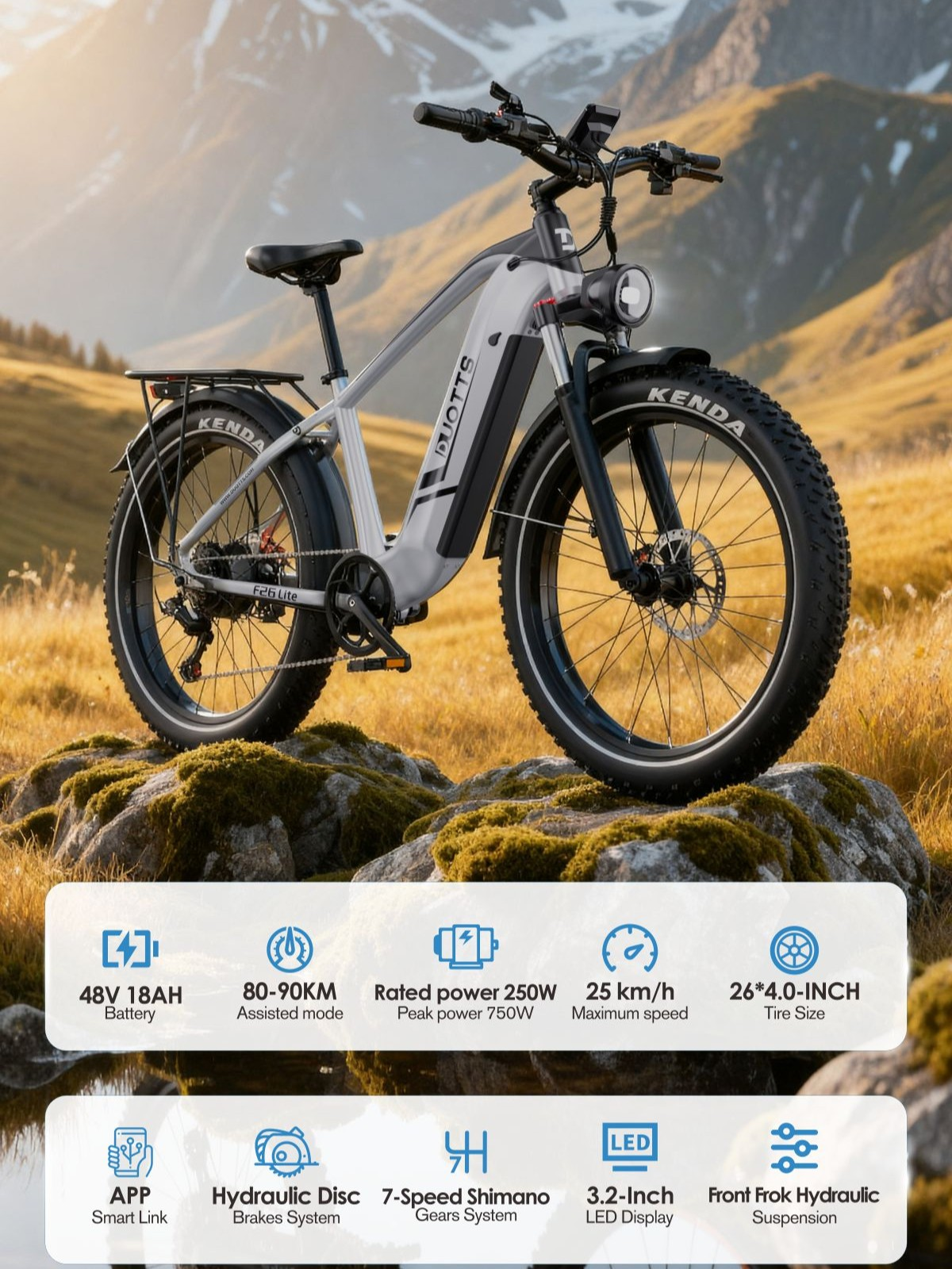 Una e-fatbike blanca descansa sobre terreno rocoso con montañas al fondo.