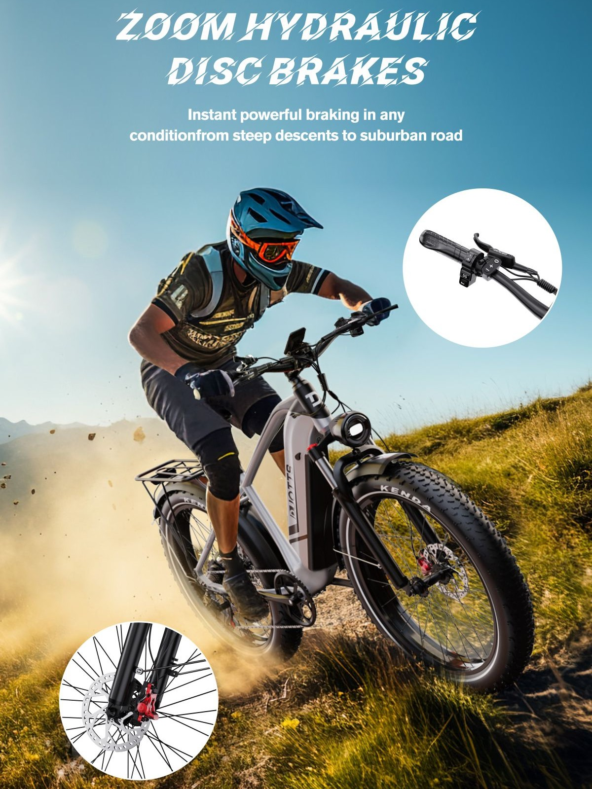 Un hombre monta una e-bike con frenos de disco en un sendero polvoriento.