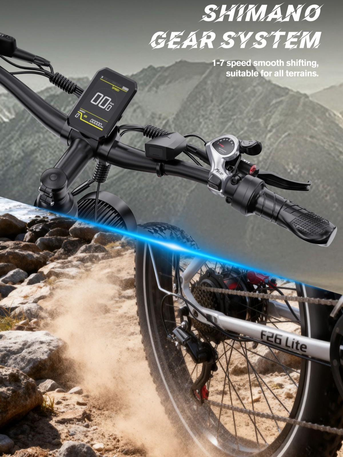 Manillar de e-bike con pantalla, cambio de marchas y montañas de fondo.