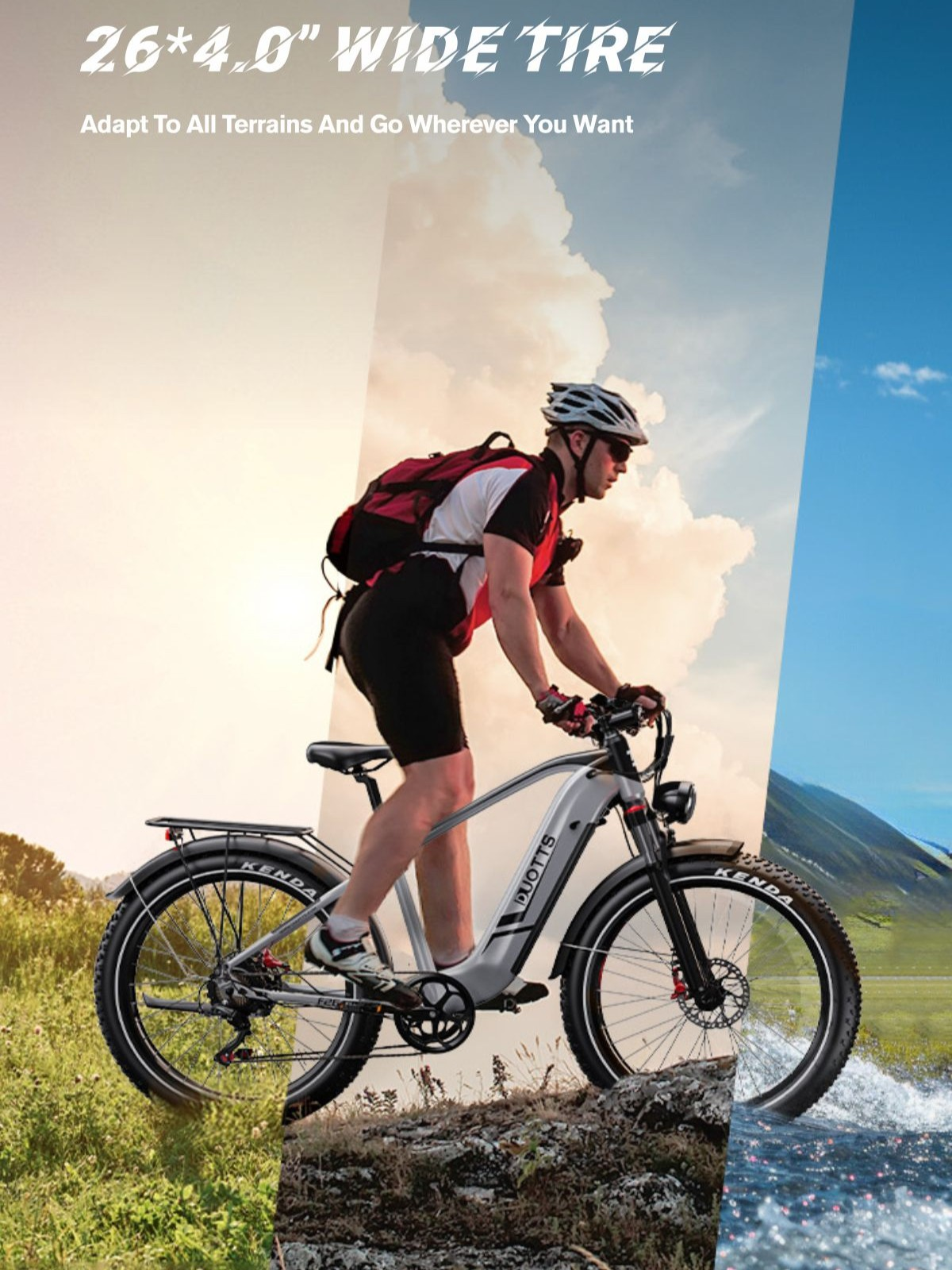 Un hombre monta una e-bike por terrenos variados: hierba, rocas y agua.