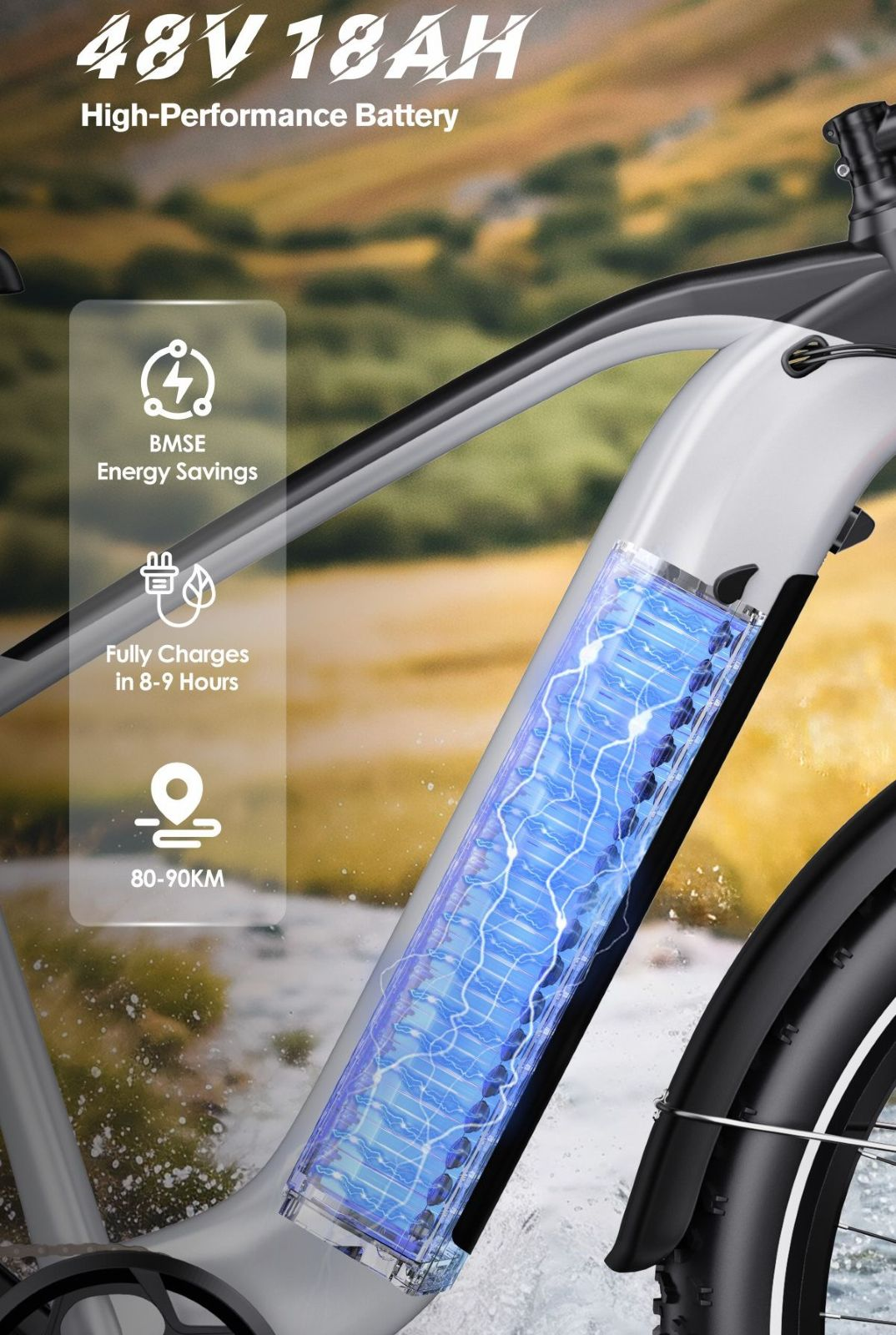 Batería e-bike: 48V 18AH, autonomía 80-90km, carga 8-9 horas.