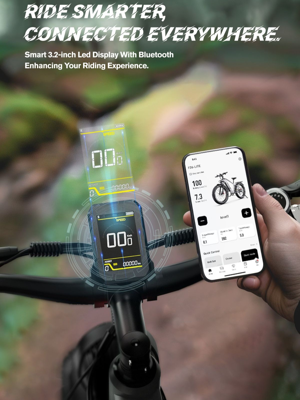 Un smartphone se conecta a la pantalla de una e-bike que muestra velocidad y autonomía.