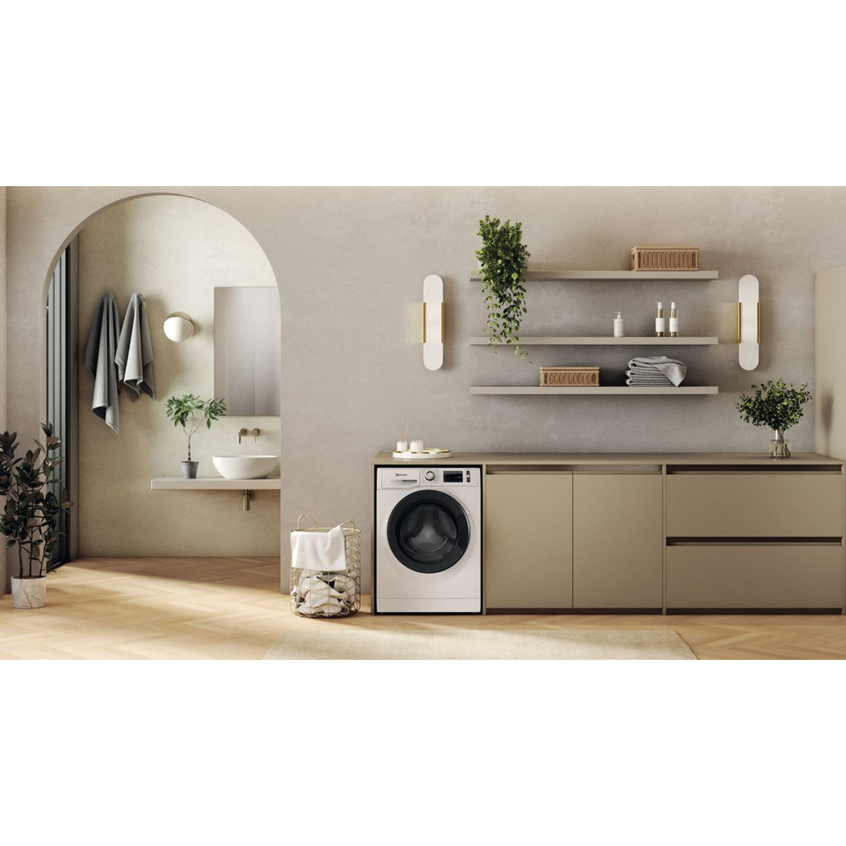 Moderne Waschküche mit Waschmaschine, Waschbecken, Regalen und Pflanzen. Neutrale Töne.