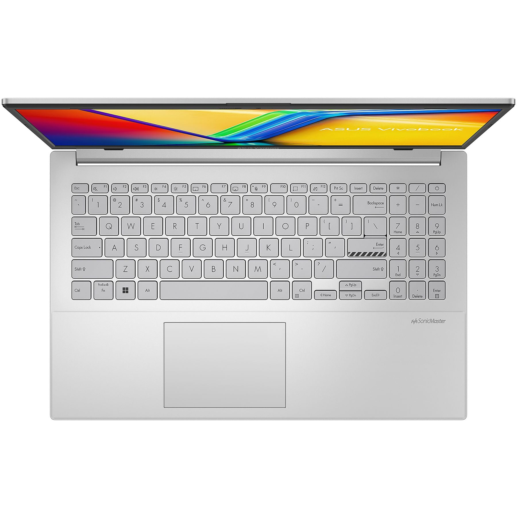 Un laptop argentato aperto con uno sfondo colorato sullo schermo e una tastiera completa.