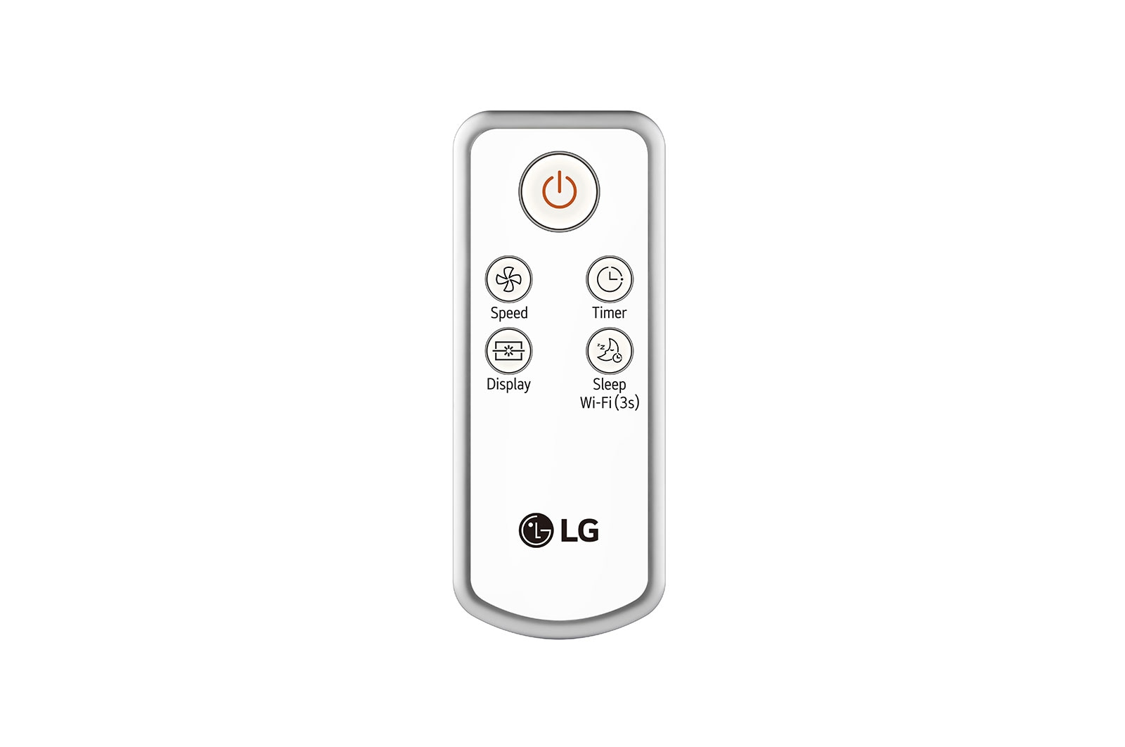 LG logosu ve güç, hız, zamanlayıcı, ekran ve uyku düğmeleri olan beyaz uzaktan kumanda.