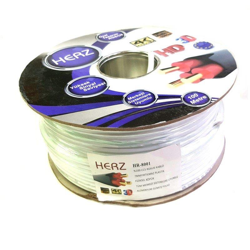 HERZ, HD, 4K ve 100 Metre etiketli beyaz kablo makarası.
