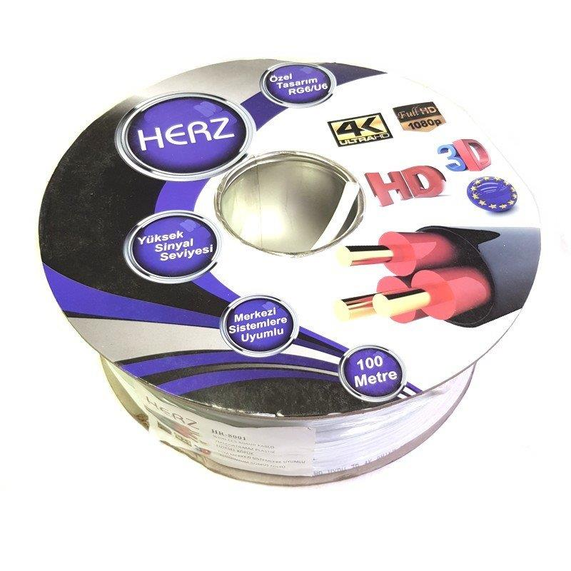 HERZ marka kablo makarası, 100 metre, HD, 4K ve 3D logolu.