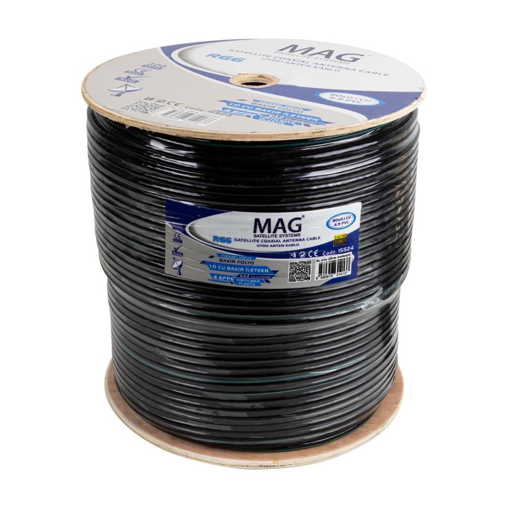 MAG marka, RG6 model, 1.0 CU iletkenli siyah koaksiyel kablo makarası.