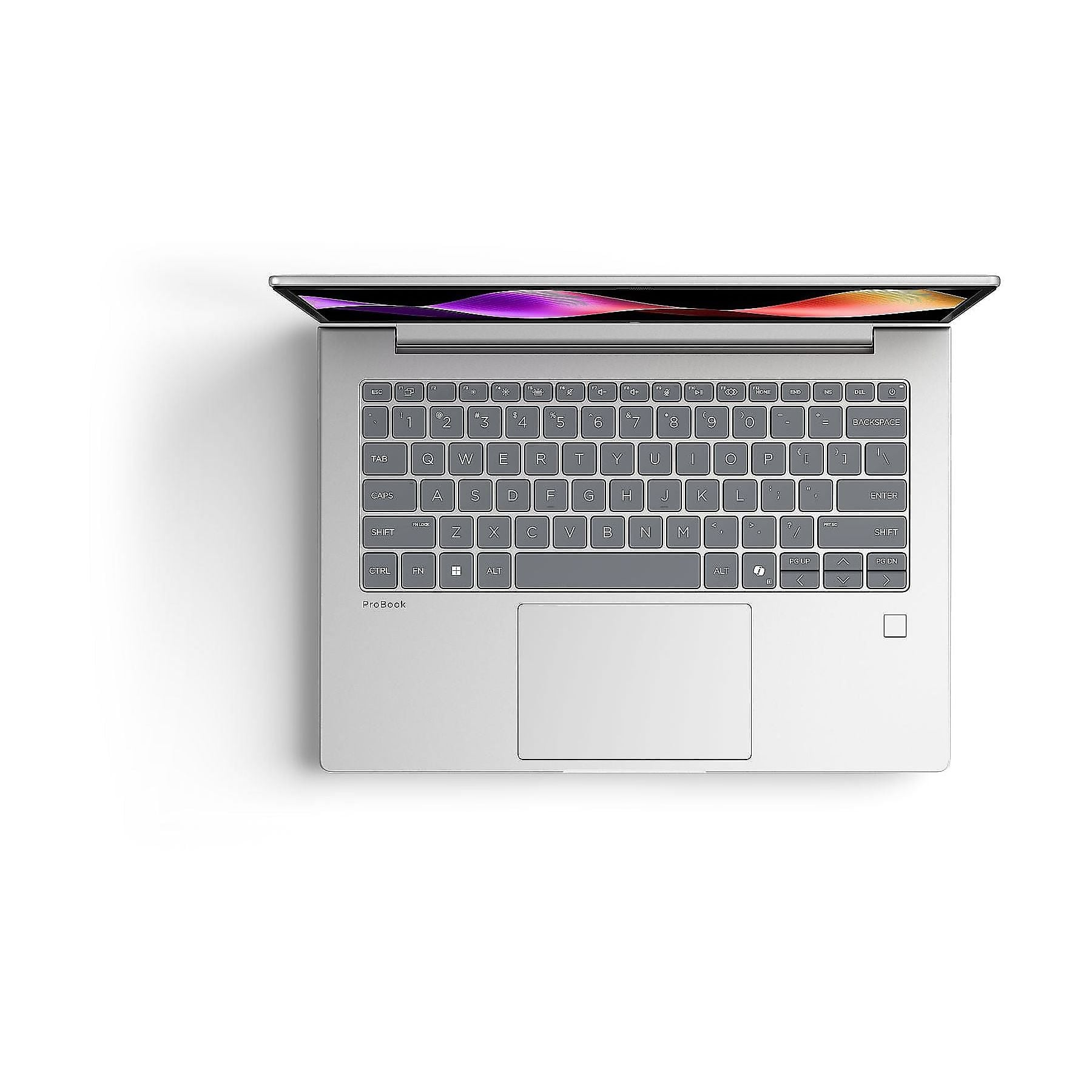 Laptop argentato con schermo aperto. Tastiera e touchpad visibili.