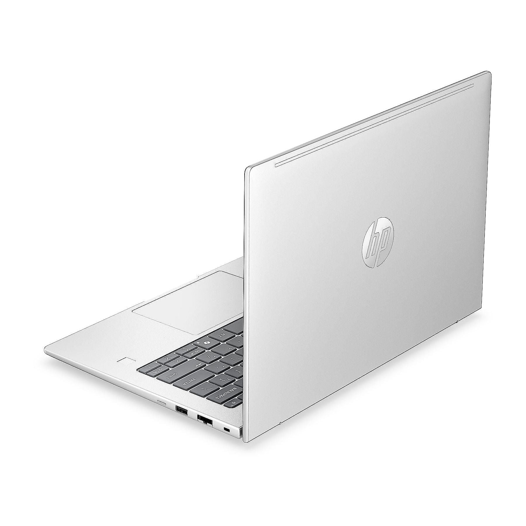 Un laptop HP argentato è mostrato su sfondo bianco.