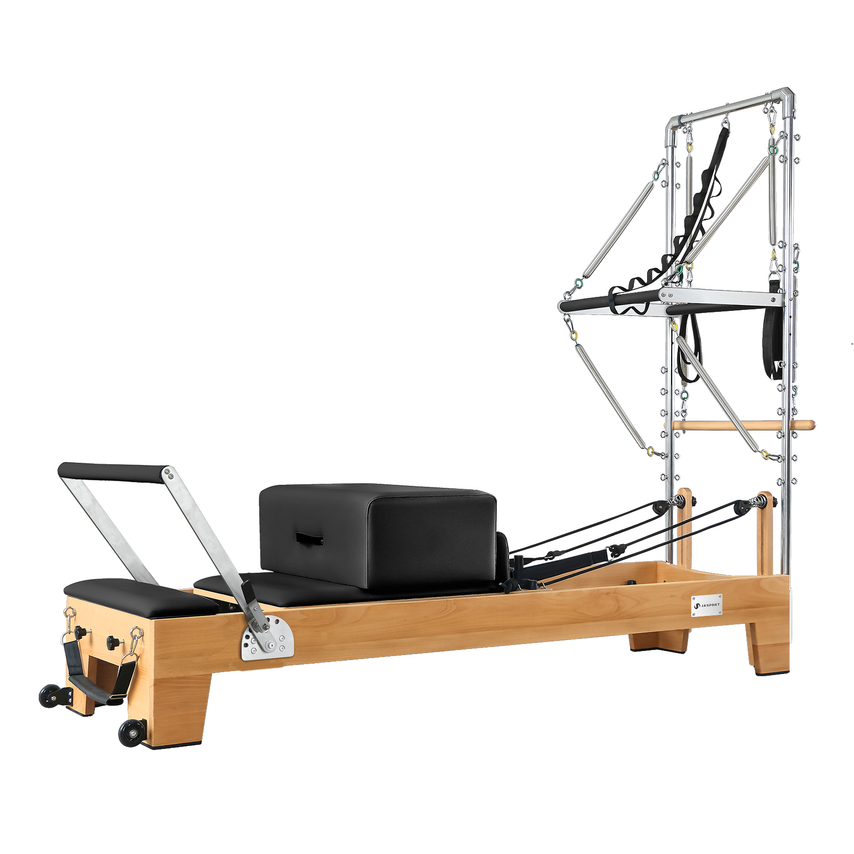 Un reformer de Pilates con marco de madera, acolchado negro y resortes metálicos.