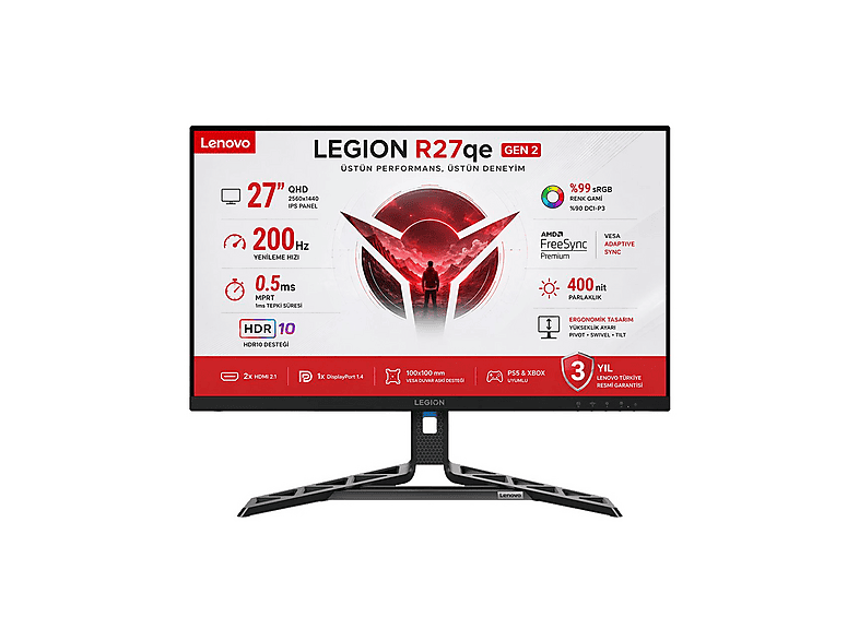 LENOVO 68C7GAC3TK Legion R27qe Gen 2 MPRT 200Hz 2xHDMI-Display IPS 2K 27 inç QHD 0,5 ms Monitör Siyah