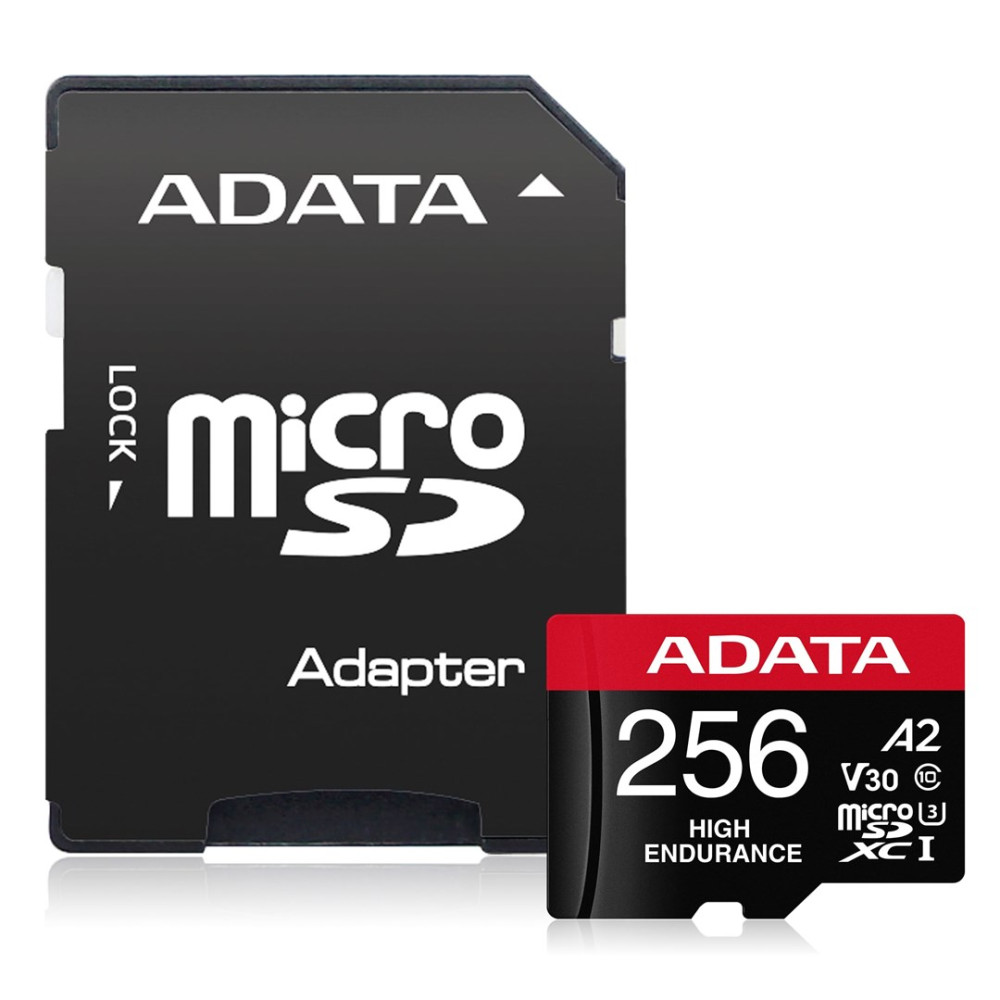 Adattatore ADATA e scheda microSD da 256 GB. Adattatore nero, scheda nera con parte superiore rossa.
