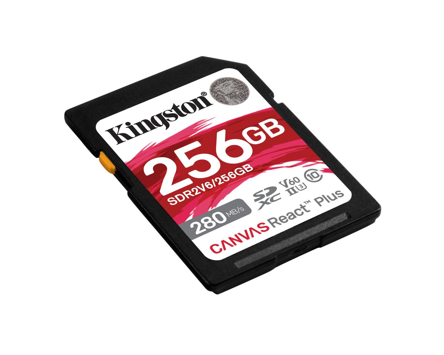 Scheda di memoria Kingston 256GB SDXC con 280 MB/s di lettura/scrittura.