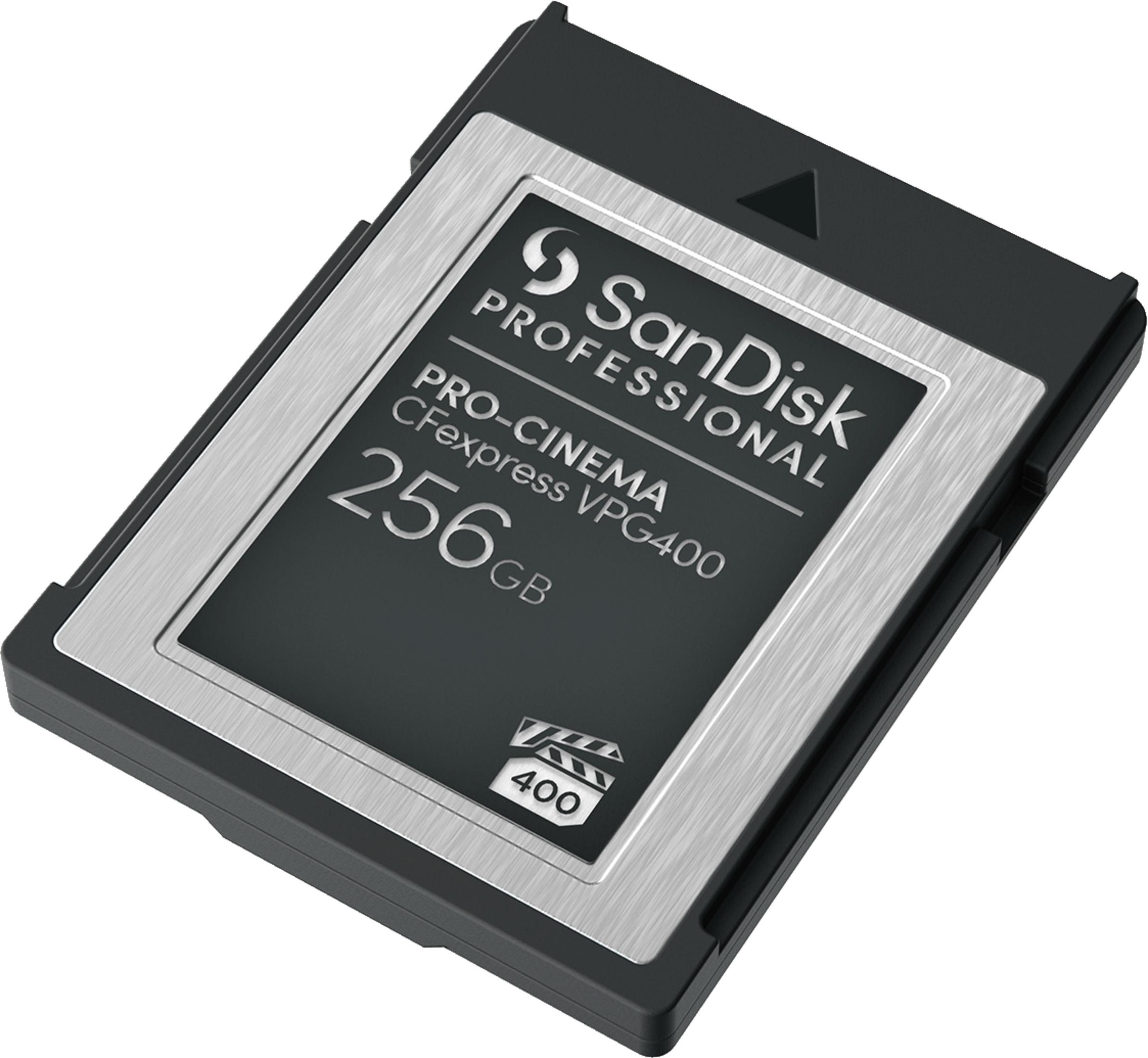 Scheda di memoria SanDisk CFexpress VPG400 256GB con frontale in metallo argentato.