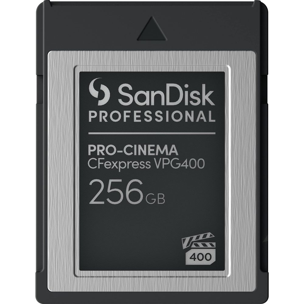 Scheda di memoria SanDisk PRO-CINEMA CFexpress VPG400 da 256 GB con bordo argento.