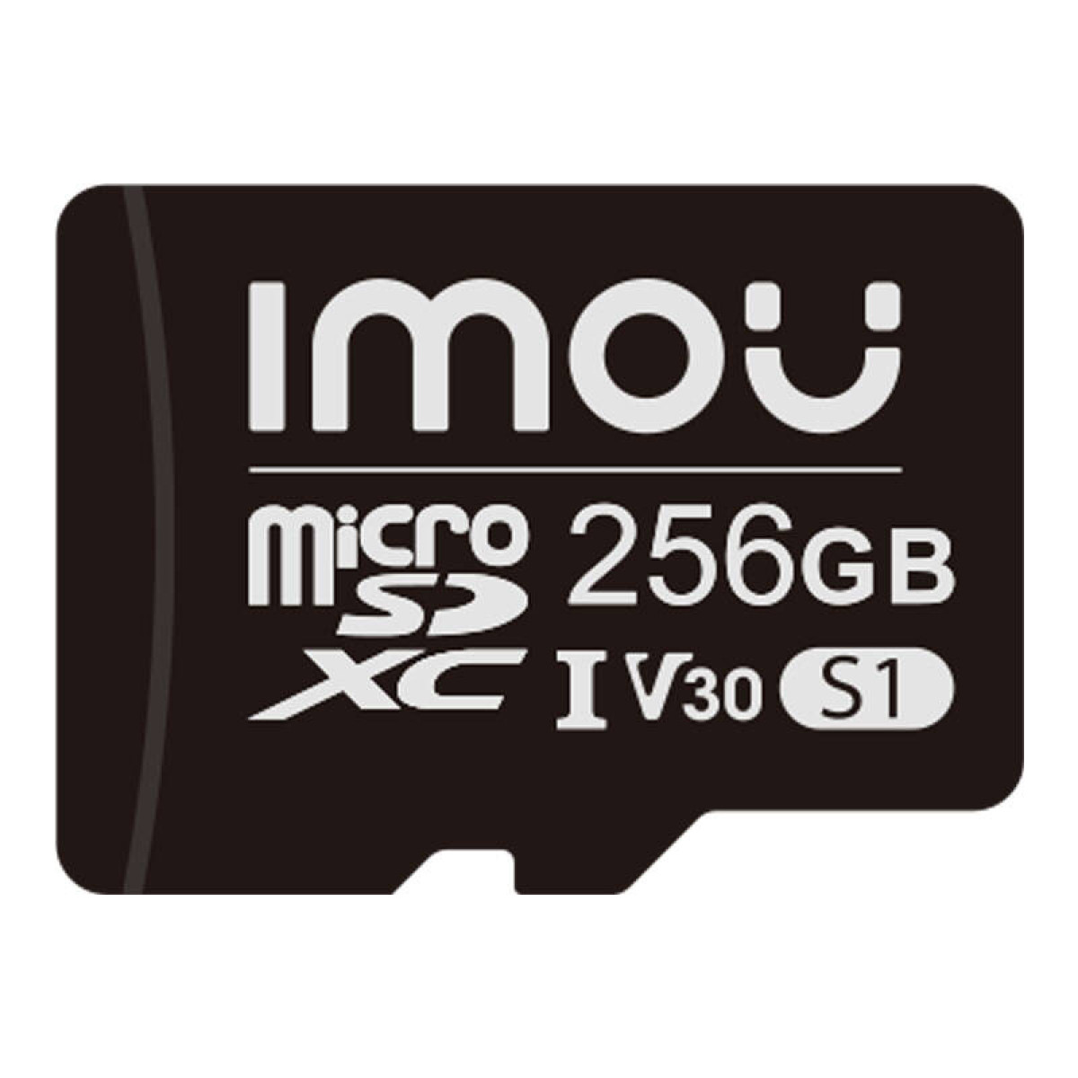 Scheda MicroSDXC nera da 256 GB con V30, S1 e logo Imou.