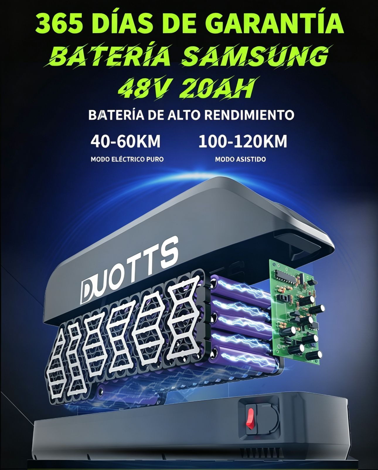 Batería Samsung DUOTTS 48V 20AH con garantía de 365 días, 40-60km eléctrico puro, 100-120km asistido.