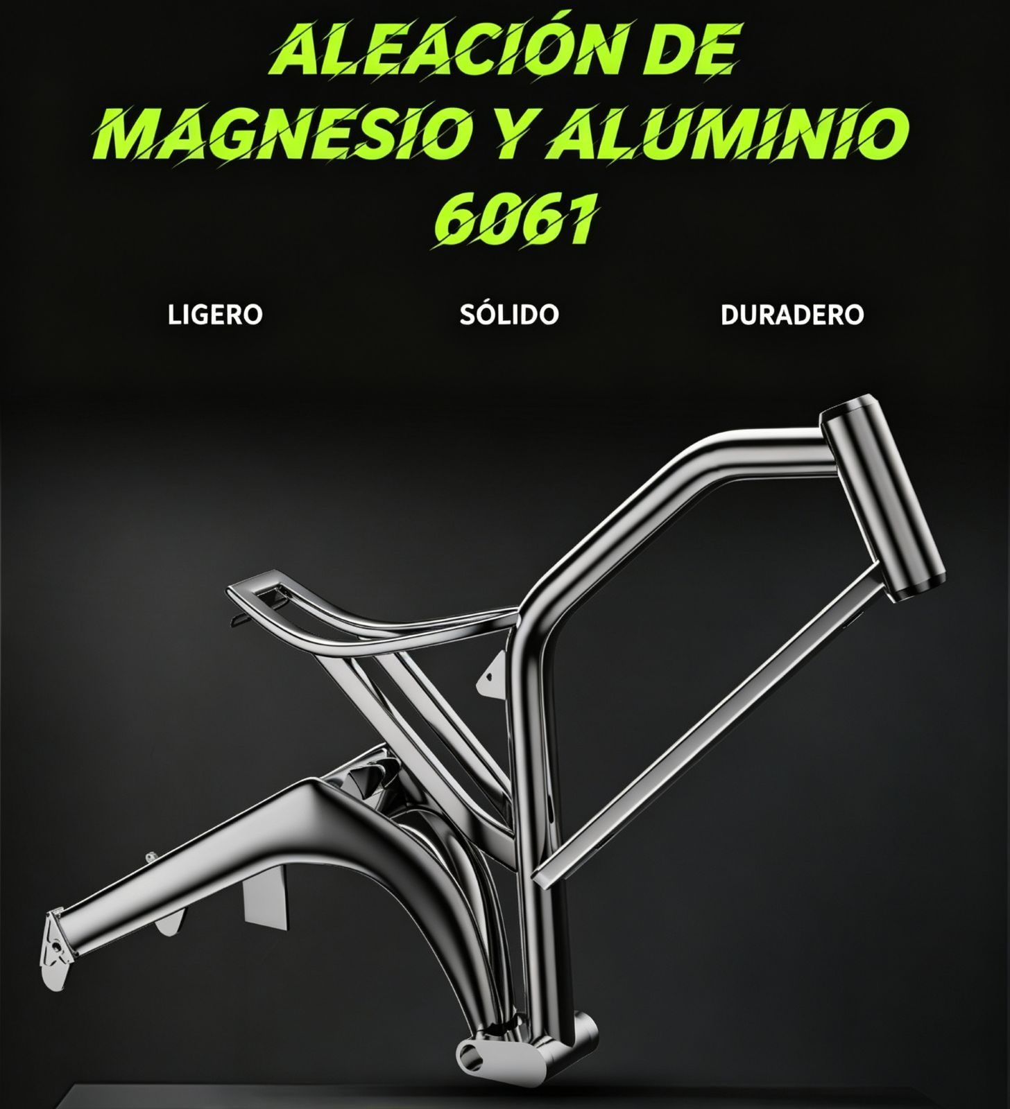 Un detalle de cuadro de bicicleta de metal brillante hecho de aleación 6061 aluminio-magnesio.