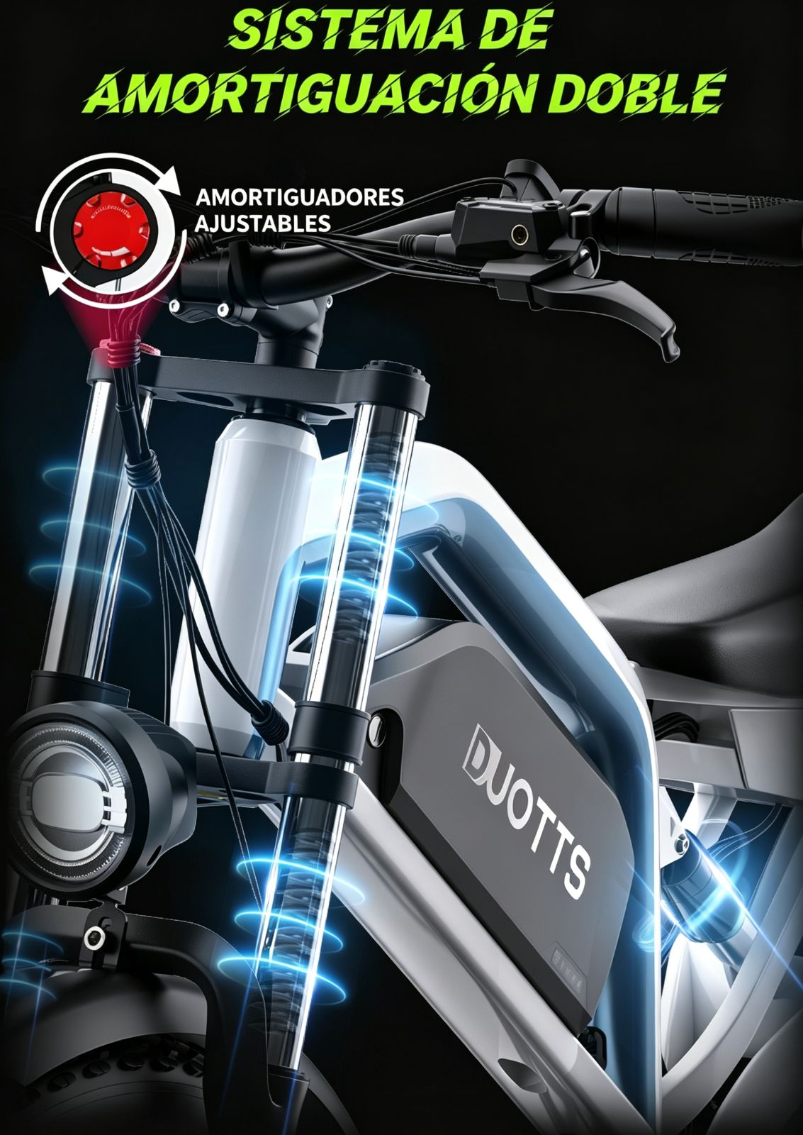 Primer plano del cuadro de bicicleta con doble suspensión y amortiguadores ajustables.