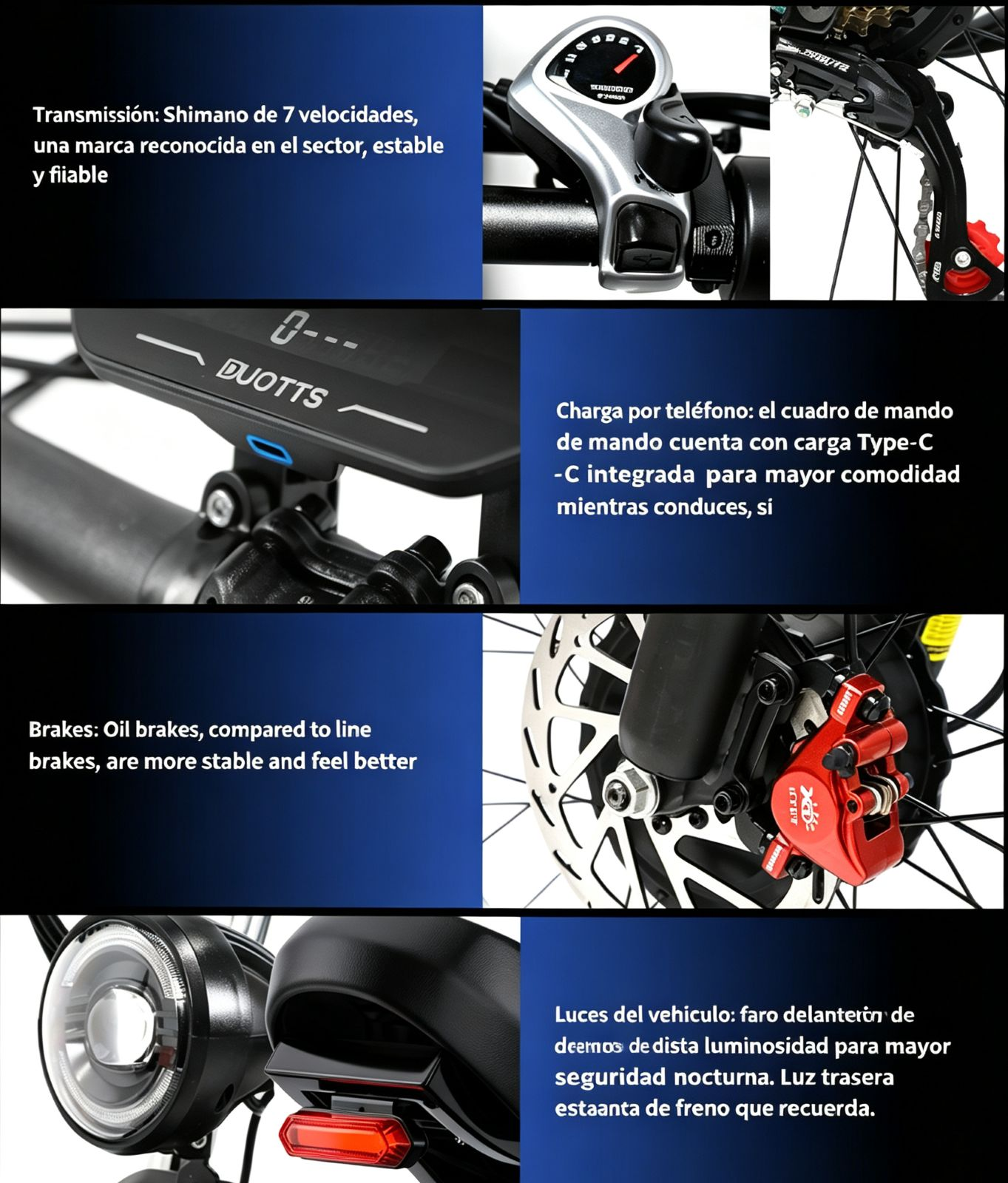 Componentes de E-bike: maneta de cambios, pantalla, frenos, luces y puerto de carga.