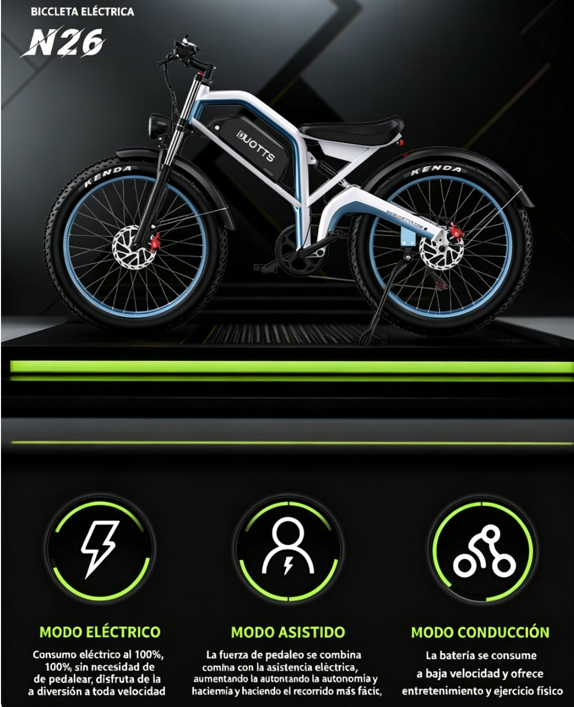 Una bicicleta eléctrica N26 blanca y azul con llantas anchas y luces.