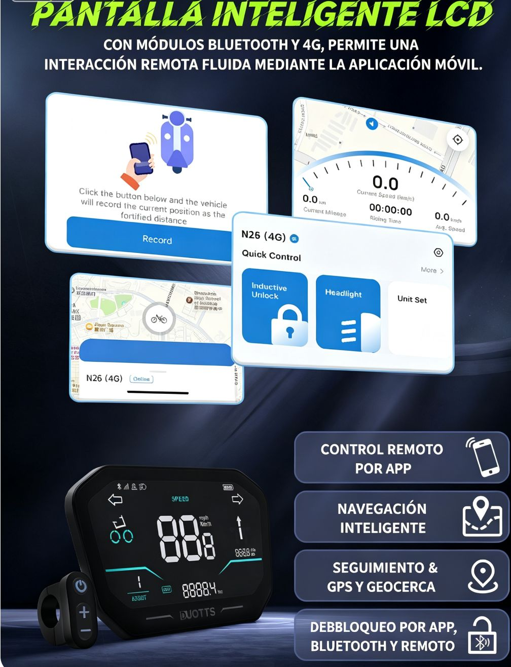 Pantalla LCD inteligente con control de app, navegación y seguimiento GPS para e-bikes.