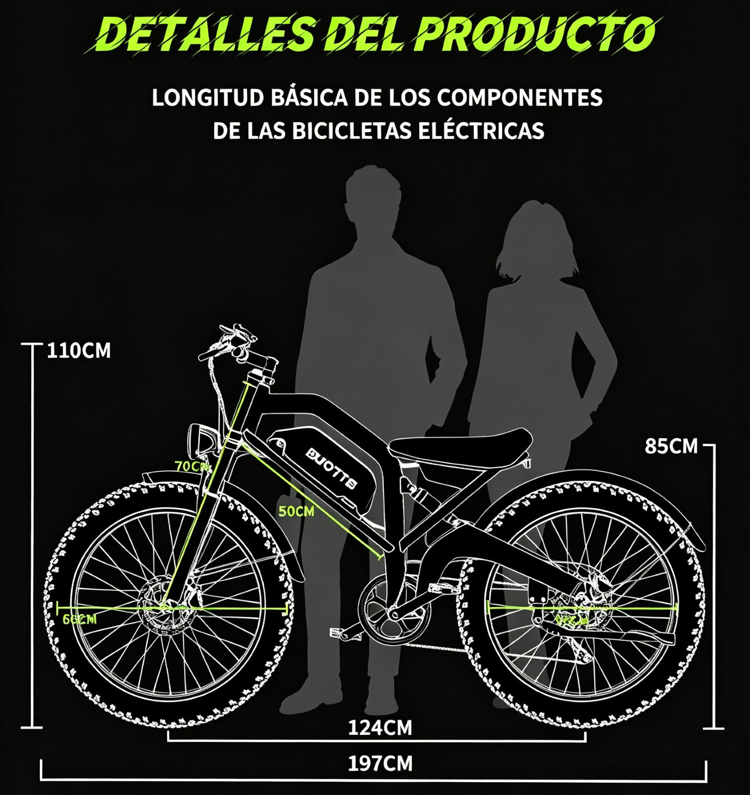 Siluetas de personas junto a una bicicleta eléctrica con dimensiones.
