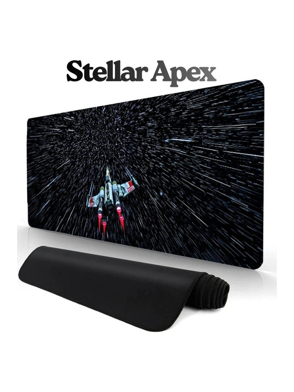 Bir uzay gemisi yıldız ışığında uçuyor. Metin: Stellar Apex.