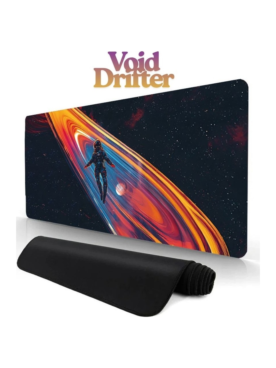 Renkli bir bulutsu ve gezegen yakınında uzayda astronot. Void Drifter logosu.