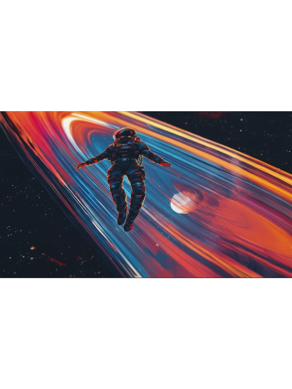 Bir astronot uzayda renkli bir bulutsunun önünde süzülüyor.