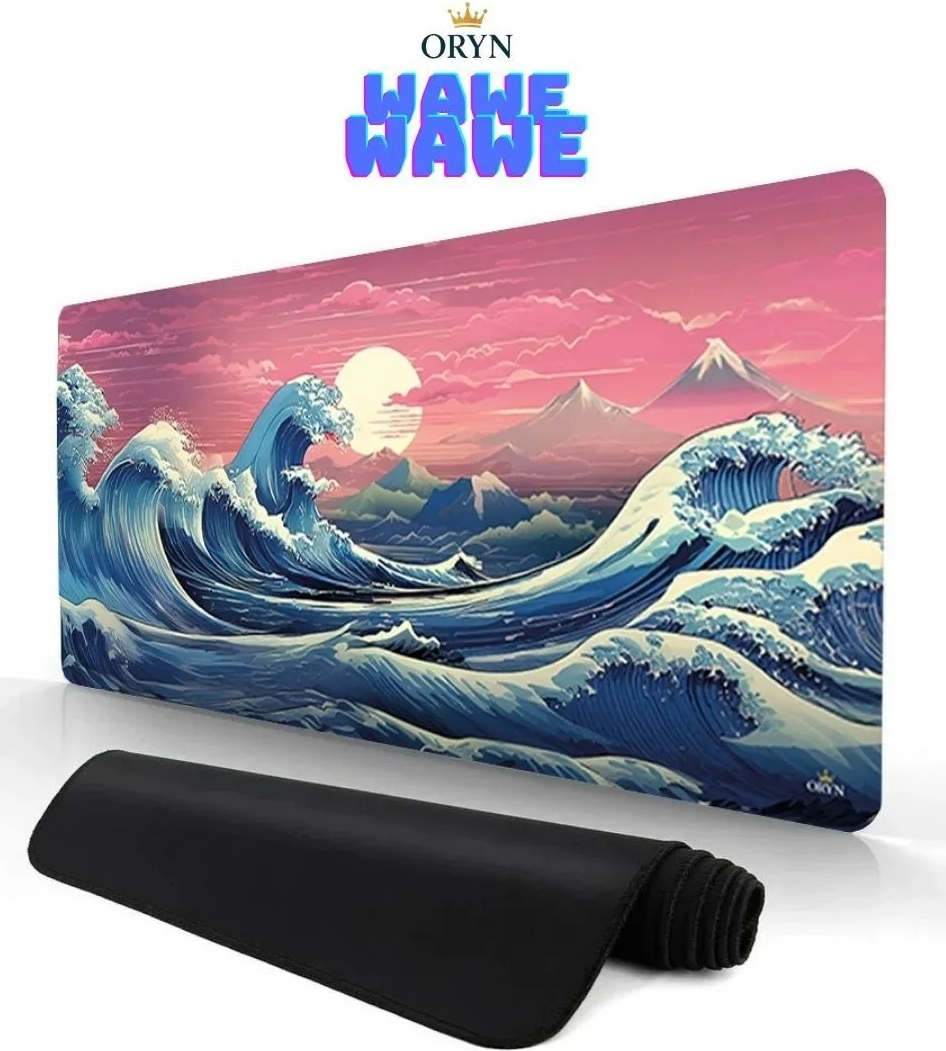 Gün batımında karlı dağların yanında dalgalar, siyah mousepad ile.