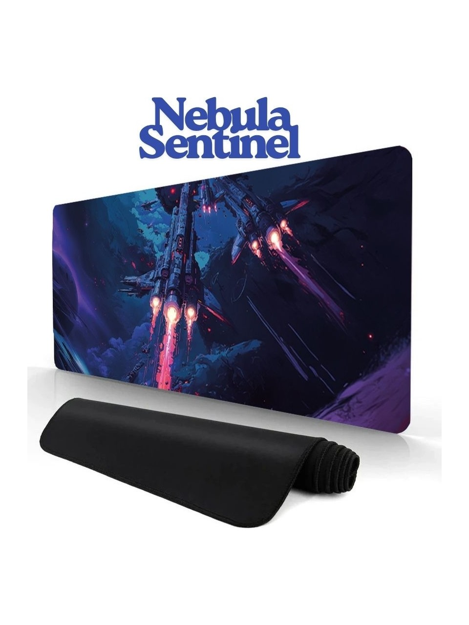 Uzay gemisi tasarımlı ve 'Nebula Sentinel' yazılı bir mousepad.