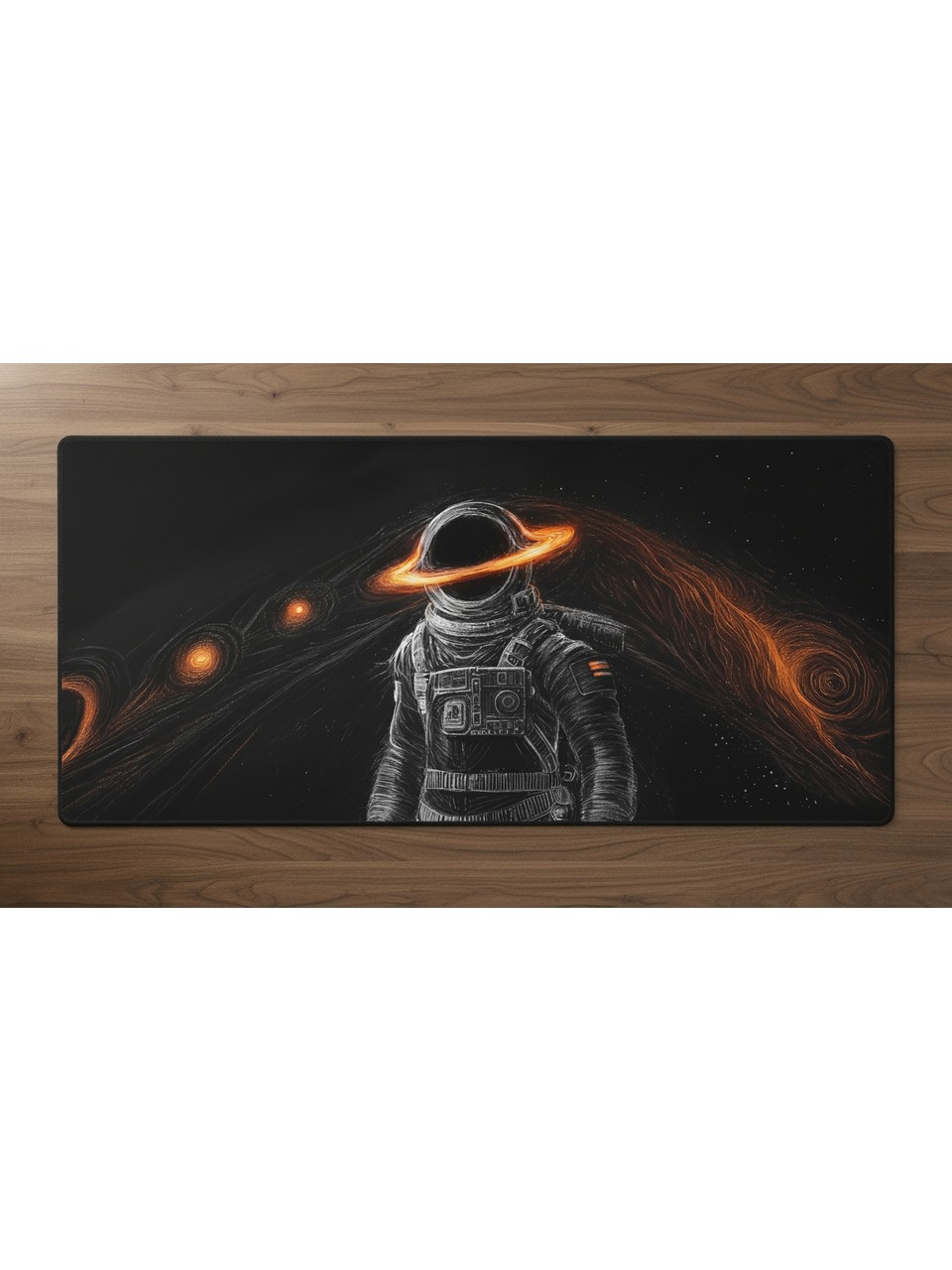 Uzayda turuncu halkalı bir astronot kaskı.