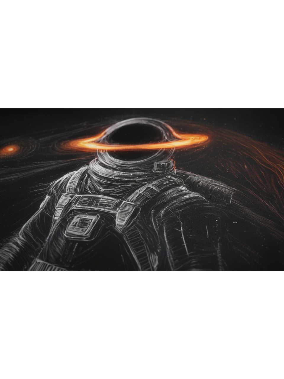 Başının etrafında parlayan turuncu halkayla kara boşlukta astronot.