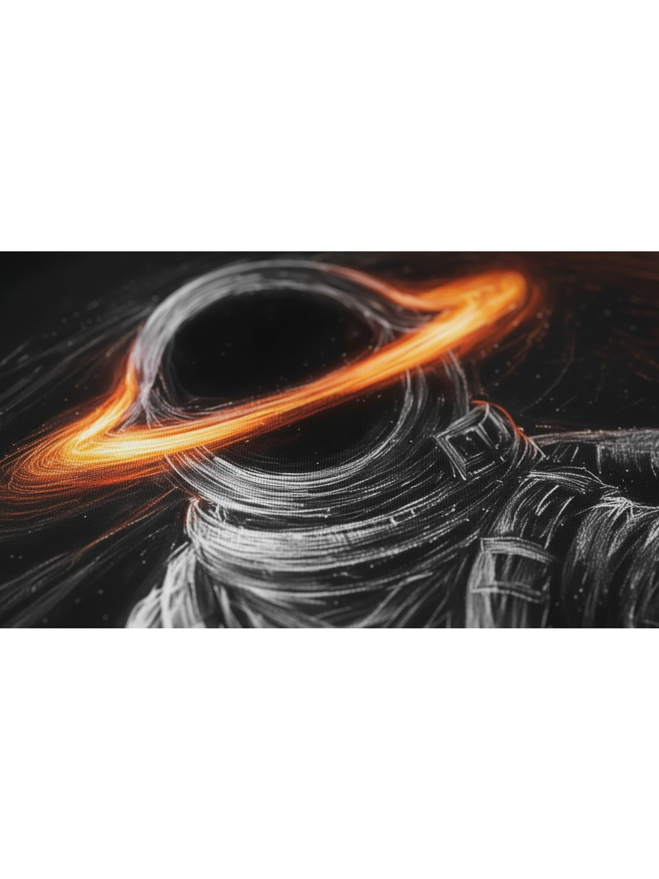 Kafasının etrafında parlayan turuncu halkası olan astronot, siyah arka plan.